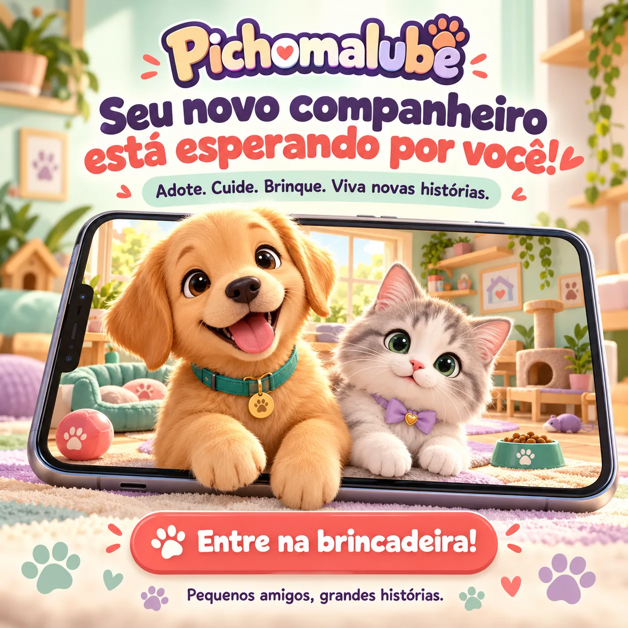 Um cãozinho golden e um gatinho siamês sorrindo na tela de um celular com o Pichomalube